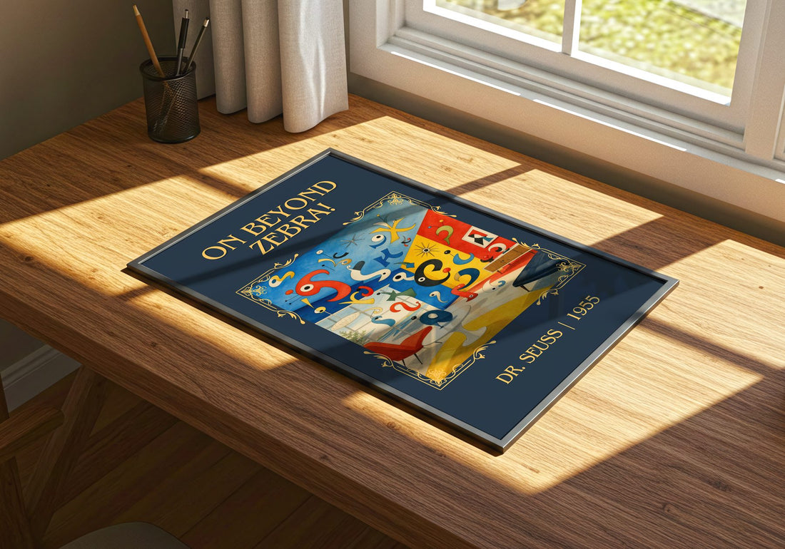 On Beyond Zebra! Classic Book Art Print by Dr. Seuss – print on a sunlit desk