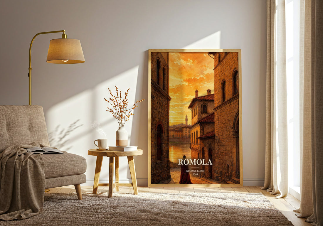 Romola watercolour print in frame leaning in hallway – historical fiction wall art (mockup)