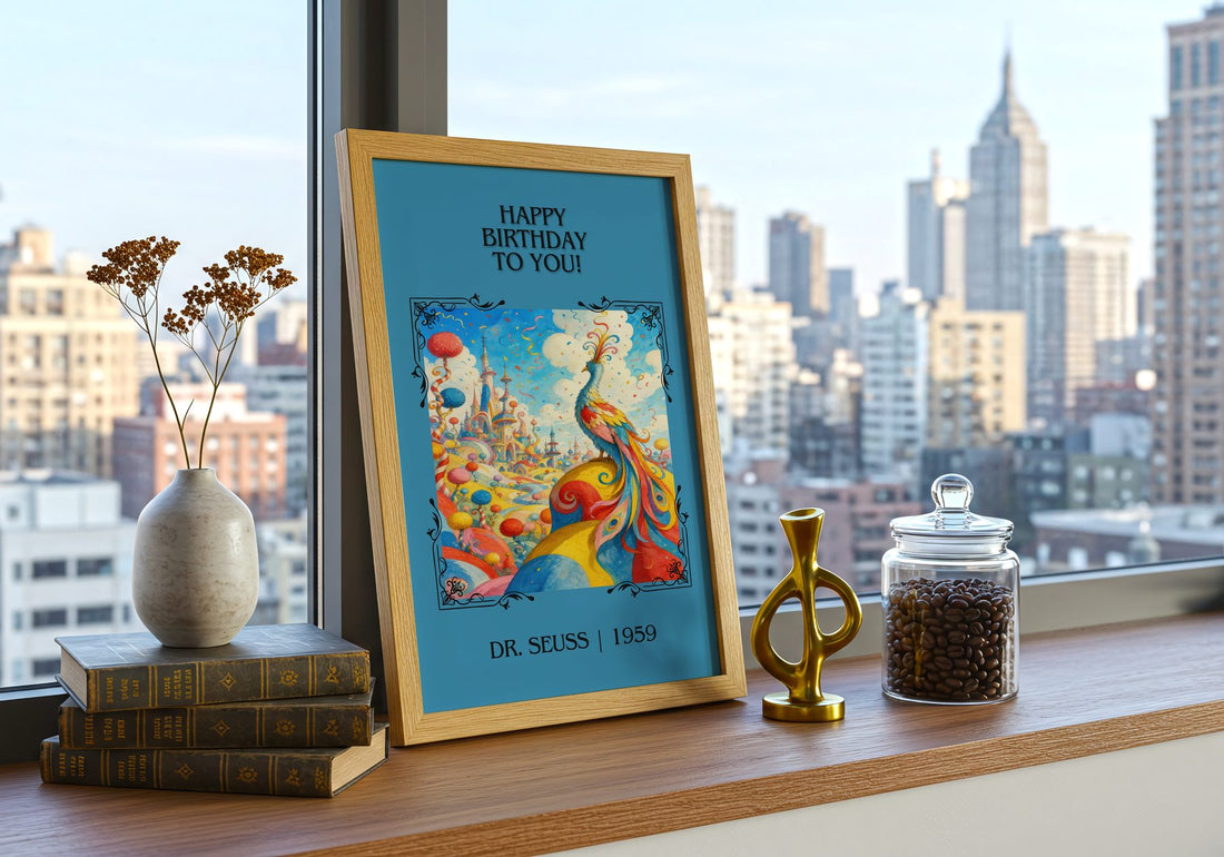 Happy Birthday To You! Classic Book Art Print by Dr. Seuss – framed print on a city-view windowsill