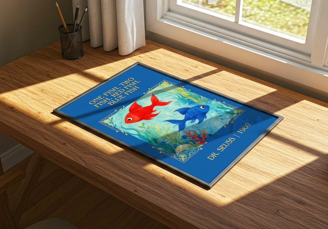One Fish, Two Fish, Red Fish, Blue Fish Classic Book Art Print – print on a sunlit desk