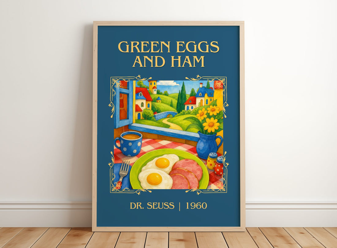 Green Eggs And Ham Classic Book Art Print by Dr. Seuss – framed print leaning on a wooden floor