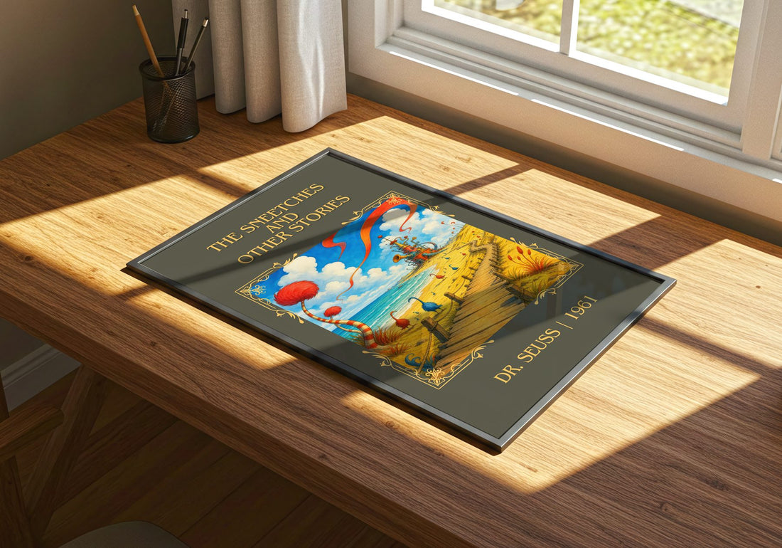 The Sneetches And Other Stories Classic Book Art Print by Dr. Seuss – print on a sunlit desk