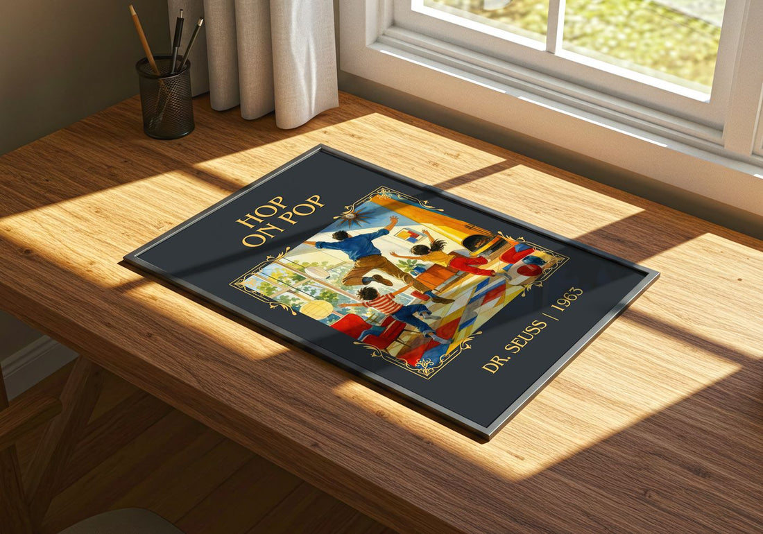 Hop On Pop Classic Book Art Print by Dr. Seuss – print on a sunlit desk