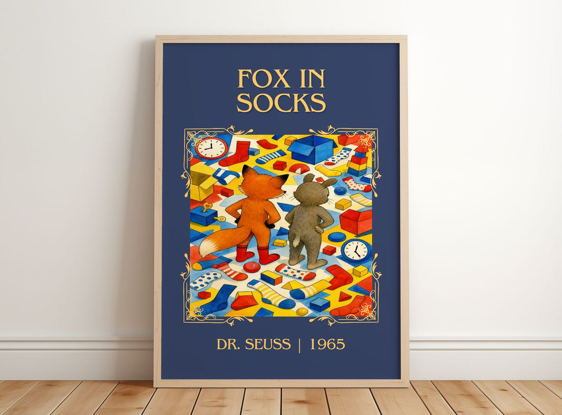 Fox In Socks Classic Book Art Print by Dr. Seuss – framed print leaning on a wooden floor