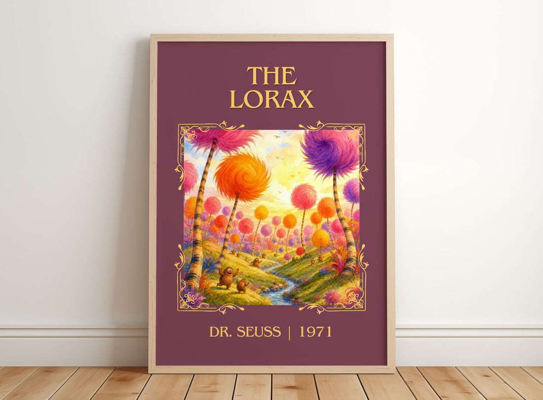 The Lorax Classic Book Art Print by Dr. Seuss – framed print leaning on a wooden floor
