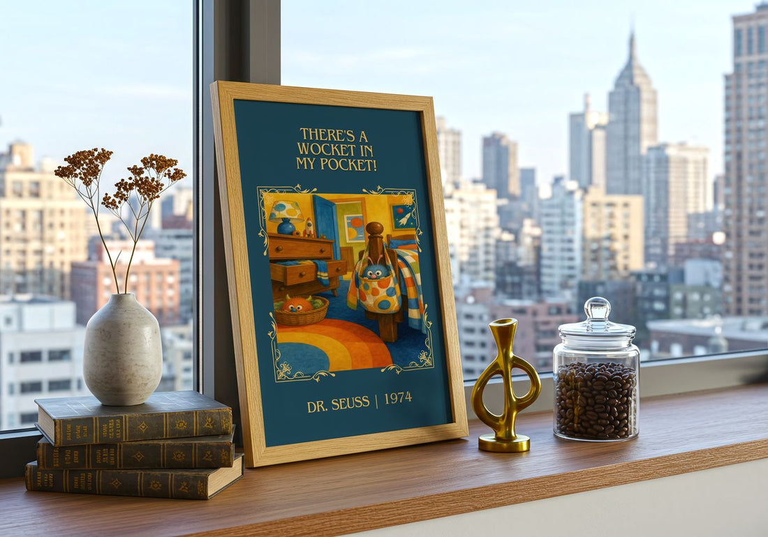 There'S A Wocket In My Pocket! Classic Book Art Print by Dr. Seuss – framed print on a city-view windowsill