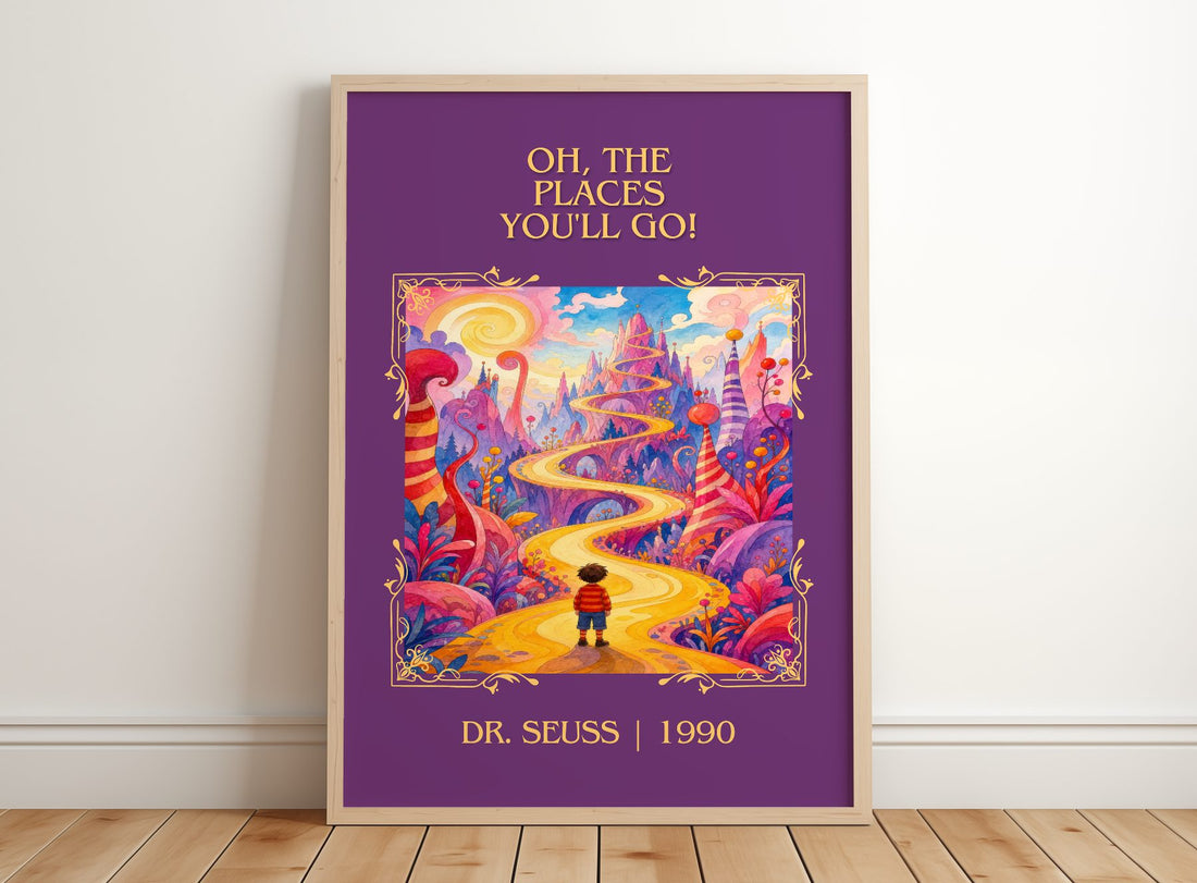 Oh, The Places You'Ll Go! Classic Book Art Print by Dr. Seuss – framed print leaning on a wooden floor