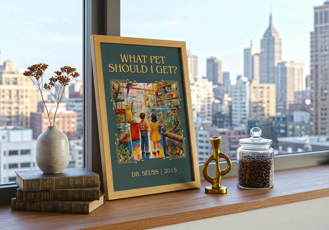 What Pet Should I Get? Classic Book Art Print by Dr. Seuss – framed print on a city-view windowsill
