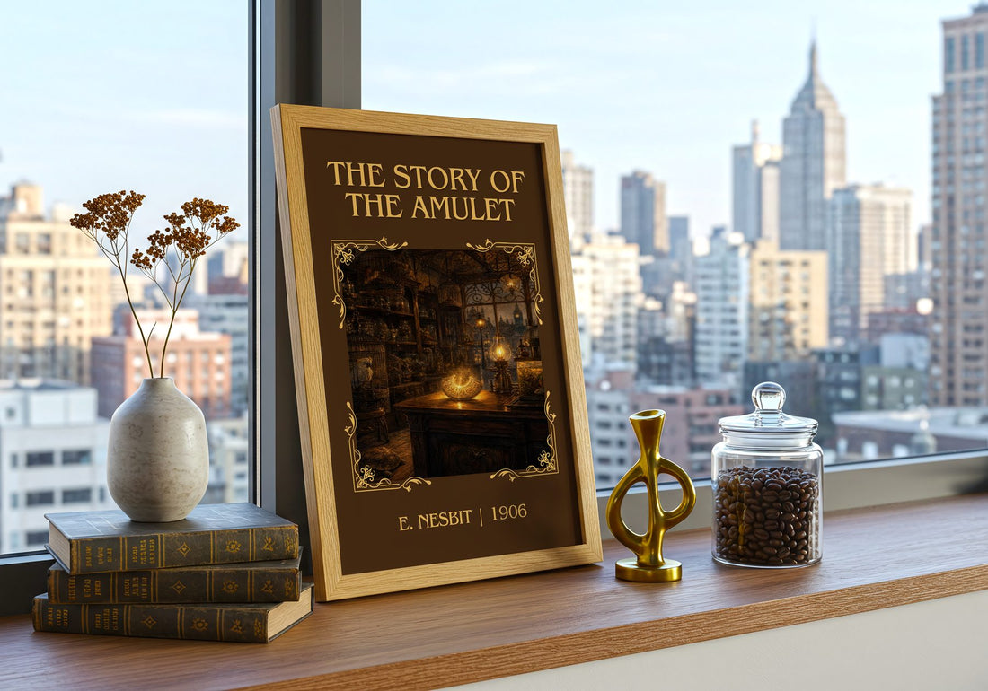 The Story Of The Amulet Classic Book Art Print by E. Nesbit – framed print on a city-view windowsill