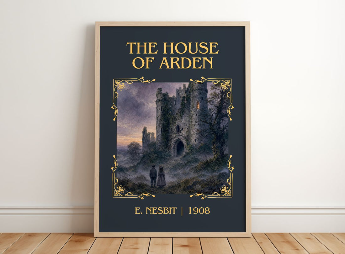 The House Of Arden Classic Book Art Print by E. Nesbit – framed print leaning on a wooden floor