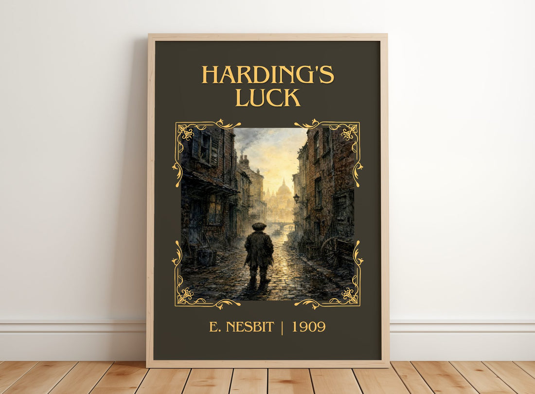 Harding'S Luck Classic Book Art Print by E. Nesbit – framed print leaning on a wooden floor