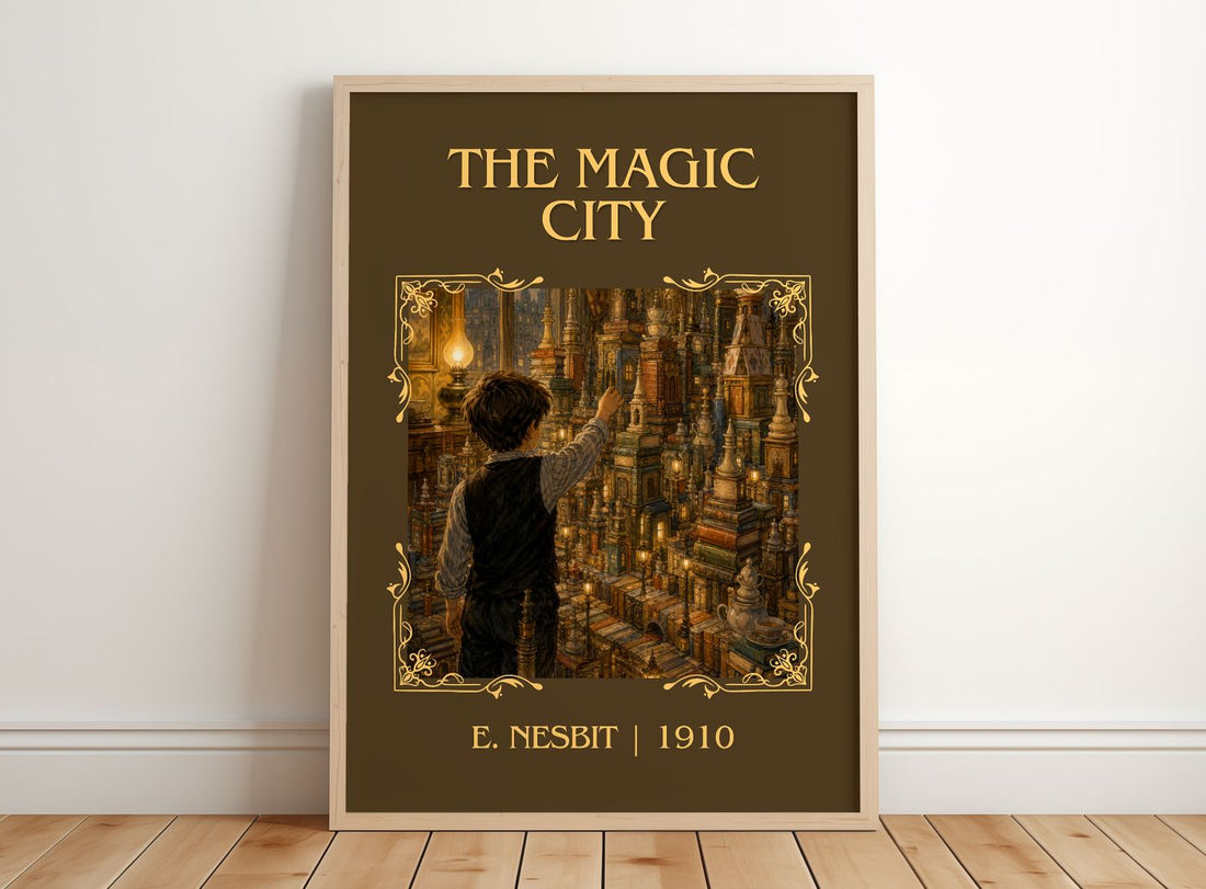 The Magic City Classic Book Art Print by E. Nesbit – framed print leaning on a wooden floor