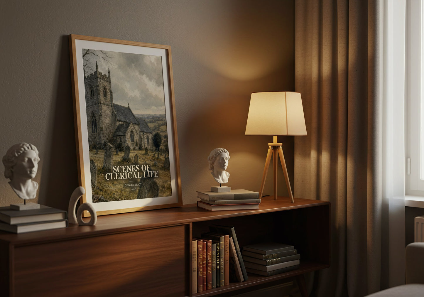 Scenes Of Clerical Life watercolour print on bookshelf – George Eliot fan gift