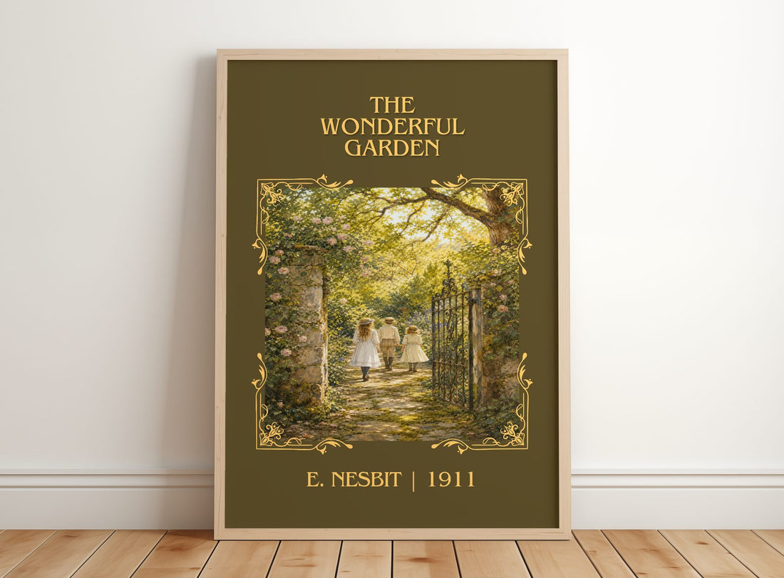 The Wonderful Garden Classic Book Art Print by E. Nesbit – framed print leaning on a wooden floor