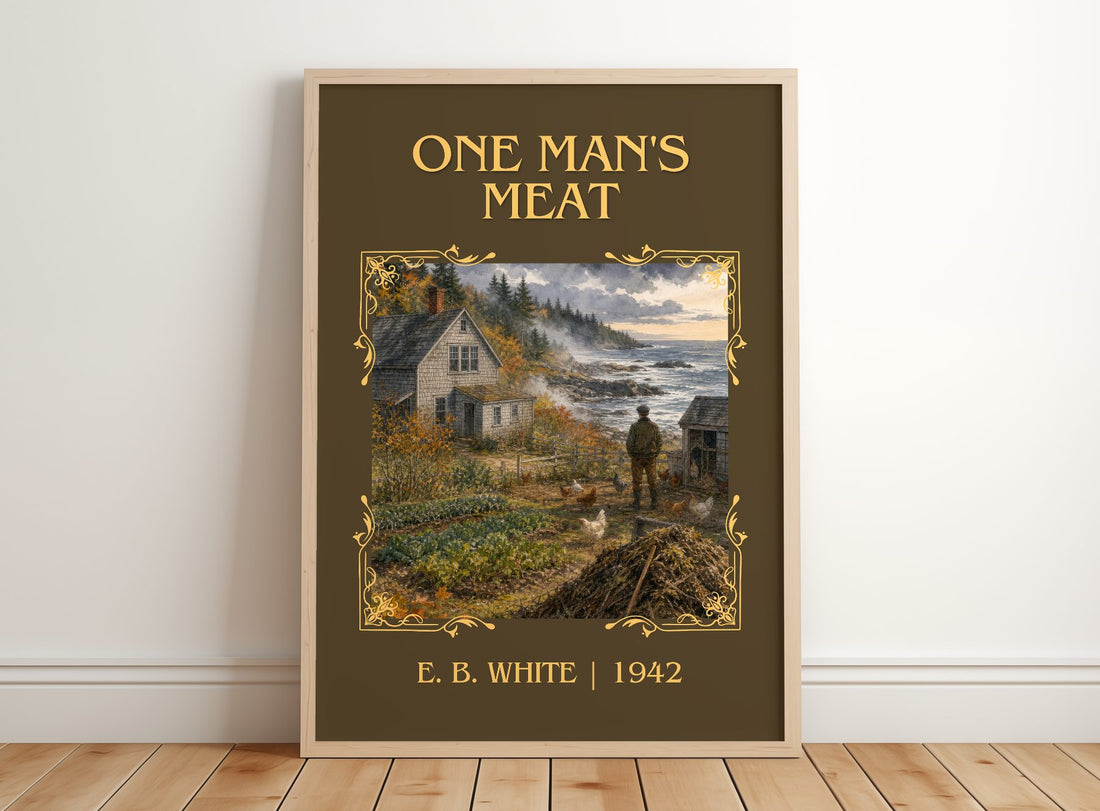 One Man'S Meat Classic Book Art Print by E. B. White – framed print leaning on a wooden floor