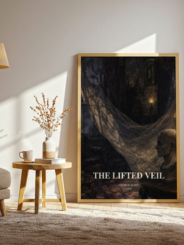 The Lifted Veil watercolour print in frame leaning in hallway – gothic wall art