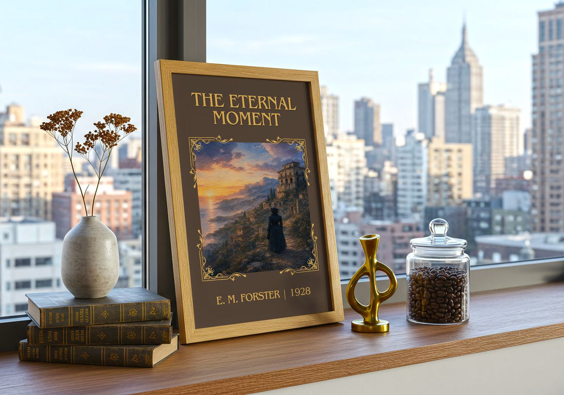 The Eternal Moment Classic Book Art Print by E. M. Forster – framed print on a city-view windowsill