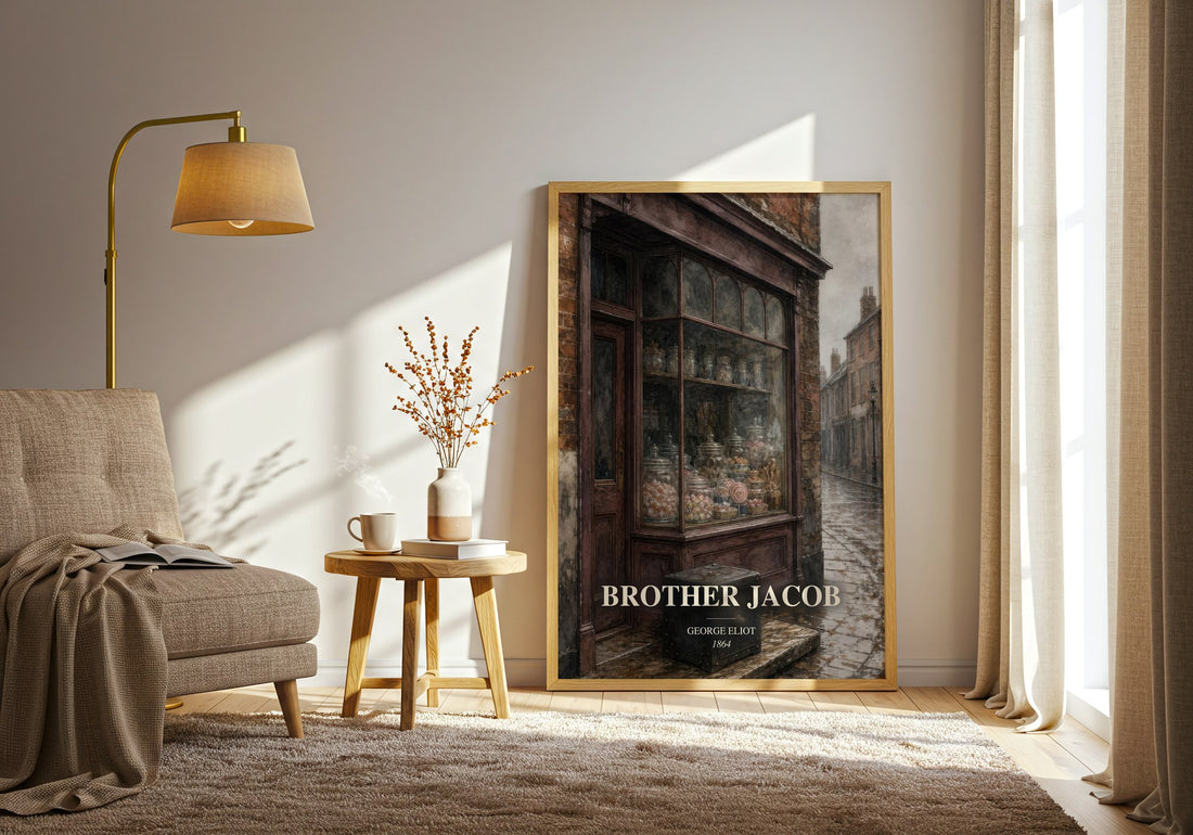Brother Jacob watercolour print in frame leaning in hallway – classic literature wall art (mockup)