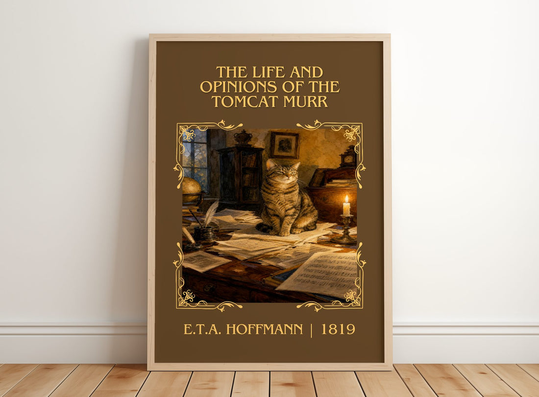 Life And Opinions Of The Tomcat Murr Classic Book Art Print – framed print leaning on a wooden floor