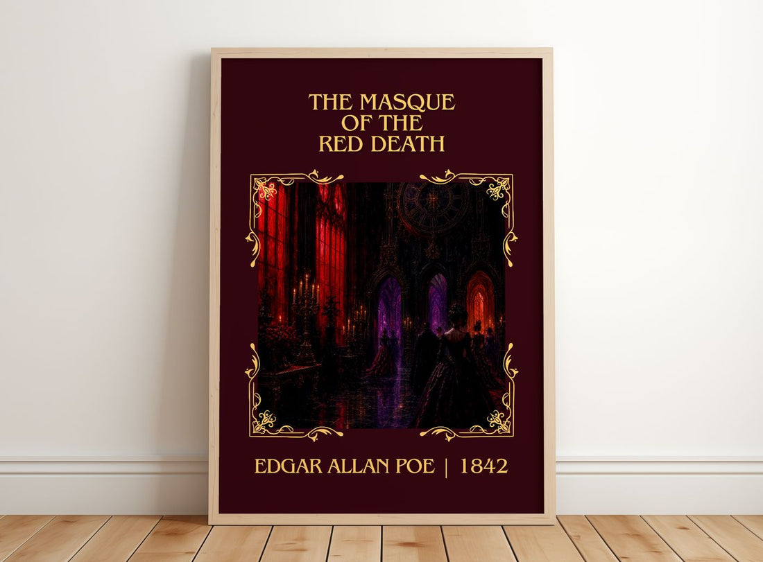 The Masque Of The Red Death Classic Book Art Print by Edgar Allan Poe – framed print leaning on a wooden floor