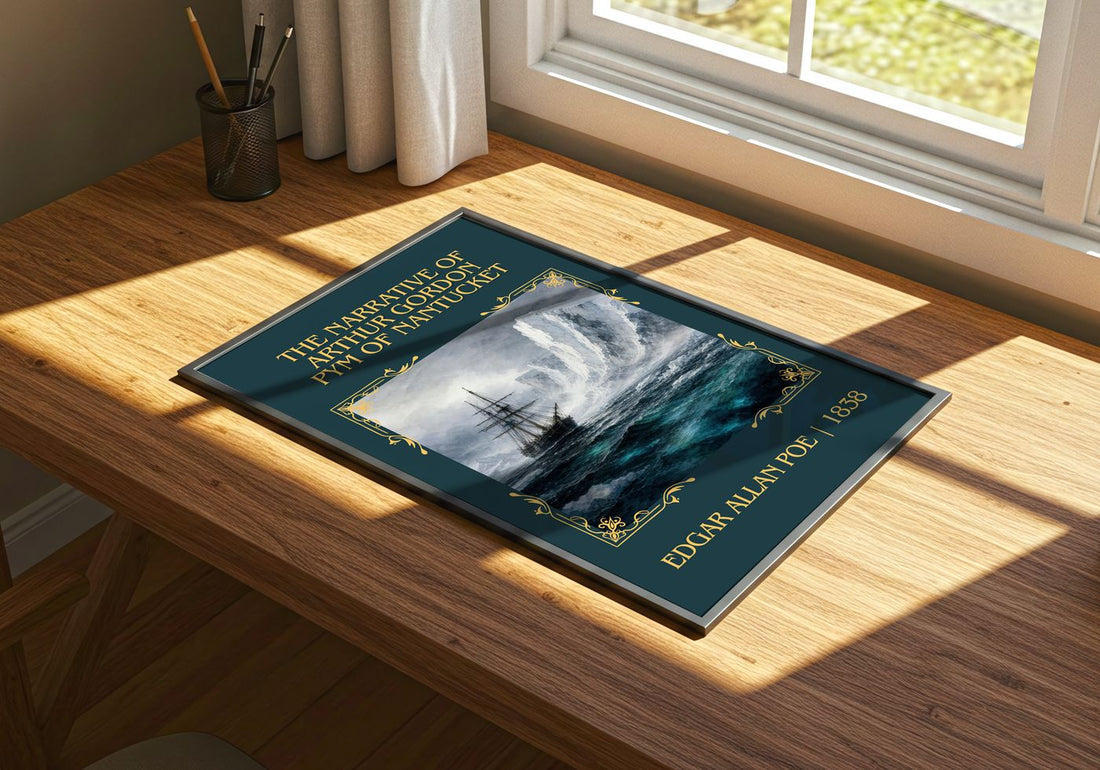 Narrative Of Arthur Gordon Pym Of Nantucket Classic Book Art Print – – print on a sunlit desk