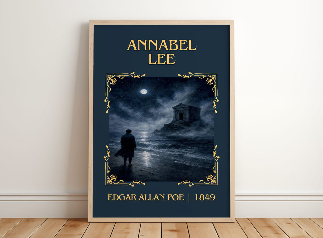 Annabel Lee Classic Book Art Print by Edgar Allan Poe – framed print leaning on a wooden floor