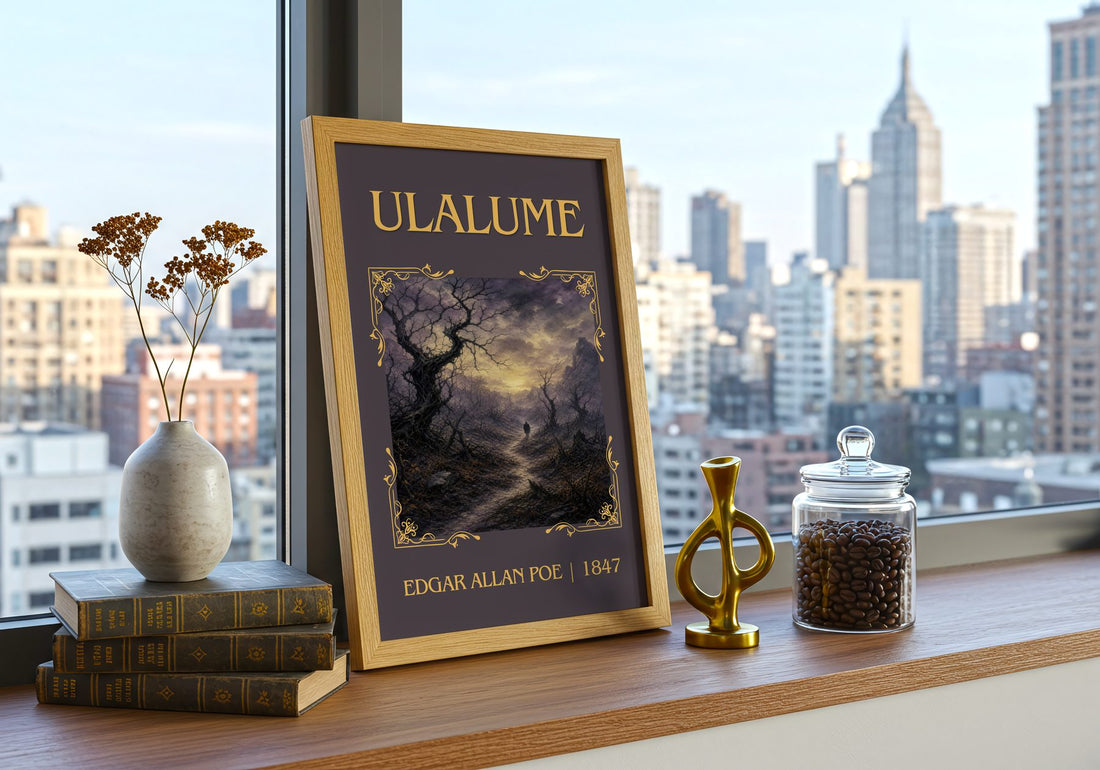 Ulalume Classic Book Art Print by Edgar Allan Poe – framed print on a city-view windowsill