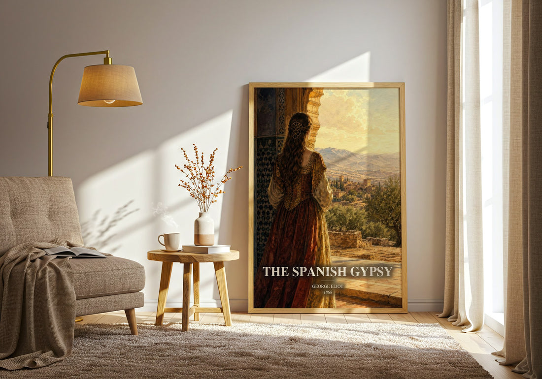 The Spanish Gypsy watercolour print in frame leaning in hallway – poetry wall art (mockup)