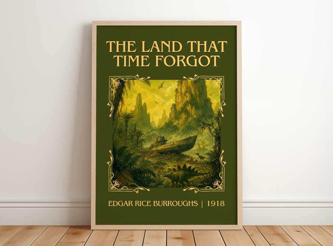 Land That Time Forgot Classic Book Art Print by Edgar Rice Burroughs – framed print leaning on a wooden floor