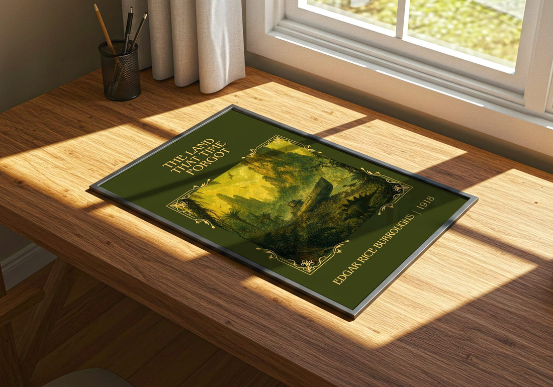 Land That Time Forgot Classic Book Art Print by Edgar Rice Burroughs – print on a sunlit desk