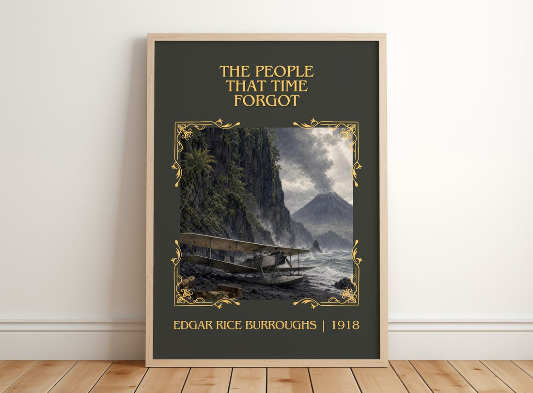 People That Time Forgot Classic Book Art Print by Edgar Rice Burroughs – framed print leaning on a wooden floor