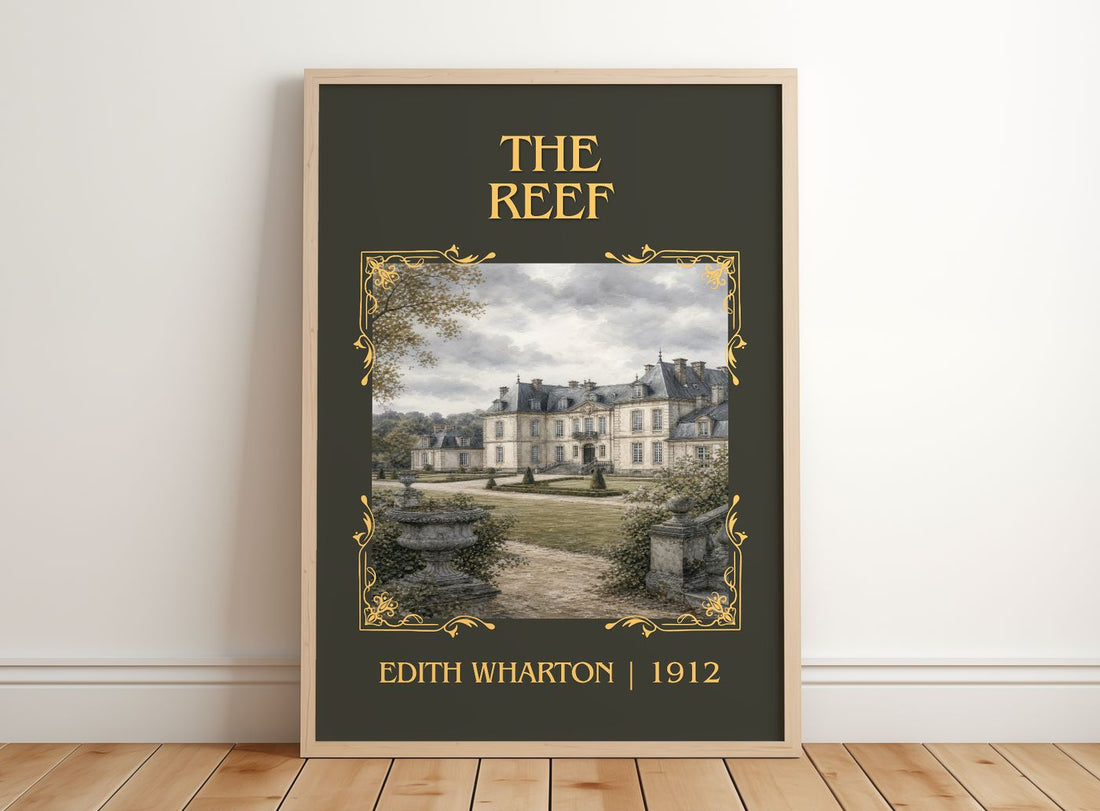 The Reef Classic Book Art Print by Edith Wharton – framed print leaning on a wooden floor