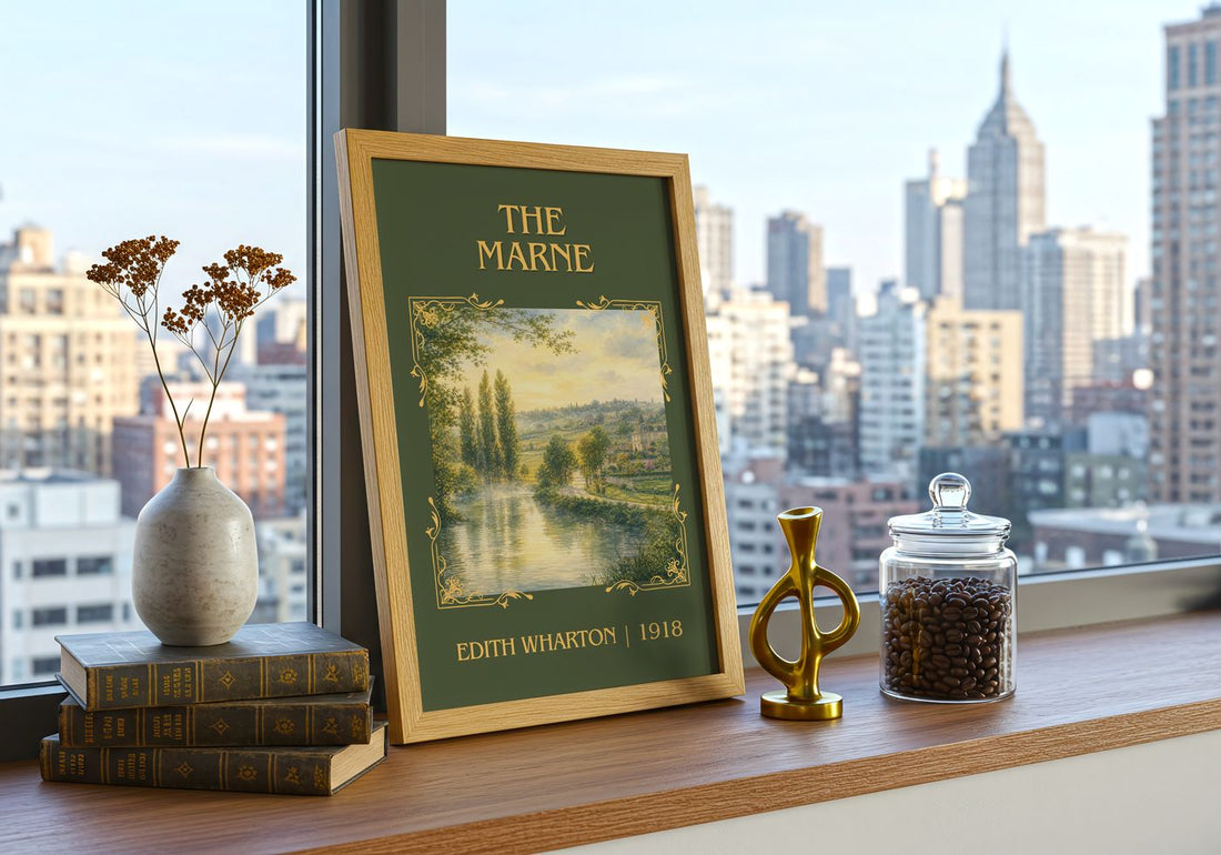 The Marne Classic Book Art Print by Edith Wharton – framed print on a city-view windowsill
