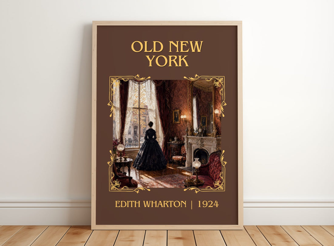 Old New York Classic Book Art Print by Edith Wharton – framed print leaning on a wooden floor