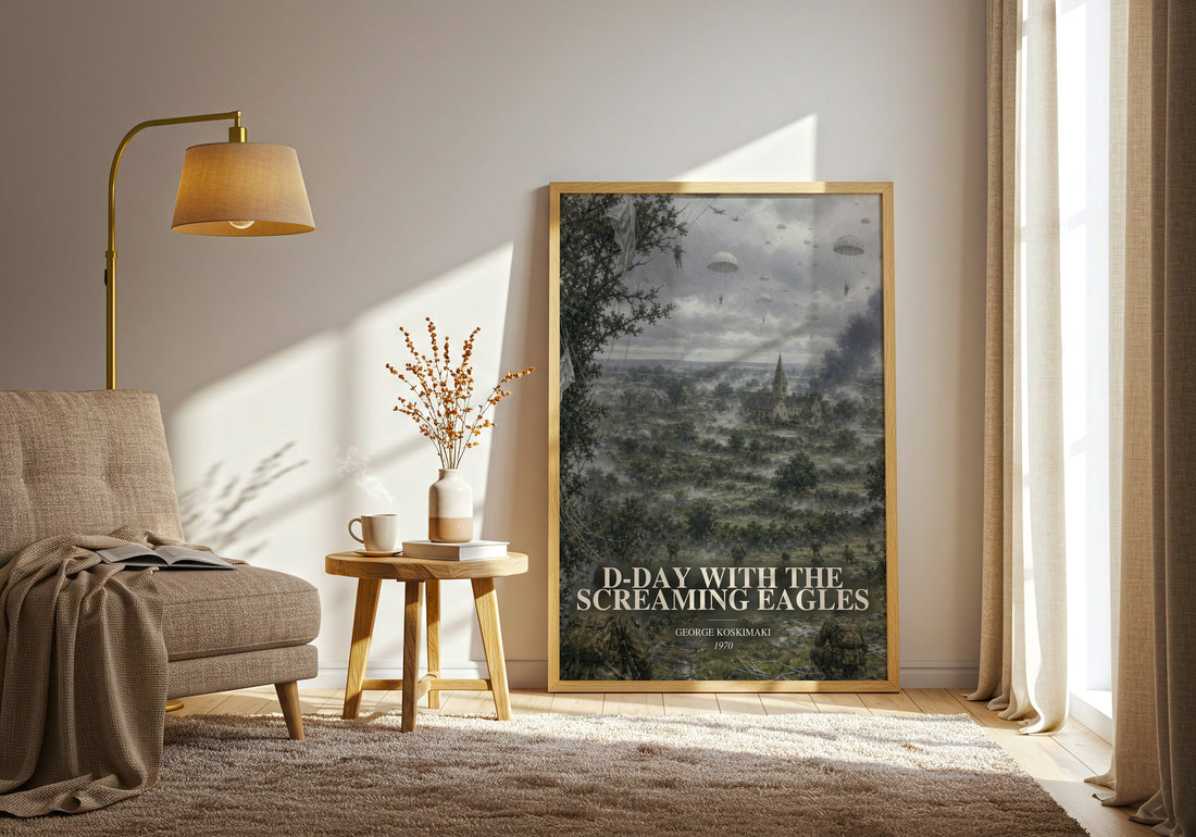 D-Day With The Screaming Eagles watercolour print in frame leaning in hallway – non fiction wall art (mockup)