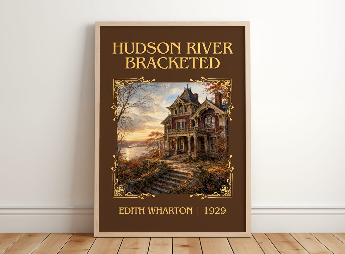 Hudson River Bracketed Classic Book Art Print by Edith Wharton – framed print leaning on a wooden floor