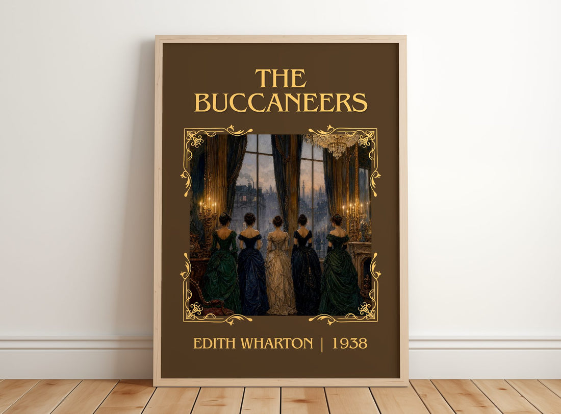 The Buccaneers Classic Book Art Print by Edith Wharton – framed print leaning on a wooden floor