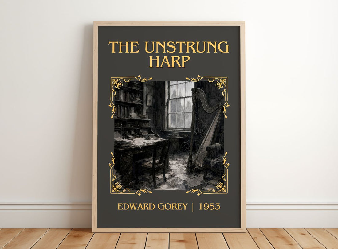 The Unstrung Harp Classic Book Art Print by Edward Gorey – framed print leaning on a wooden floor