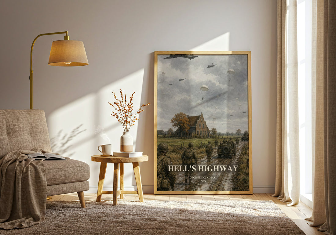 Hell'S Highway watercolour print in frame leaning in hallway – non fiction wall art (mockup)