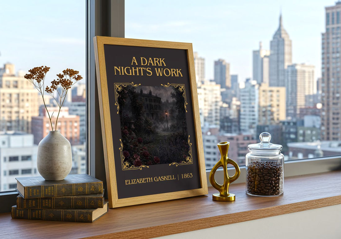 A Dark Night'S Work Classic Book Art Print by Elizabeth Gaskell – framed print on a city-view windowsill