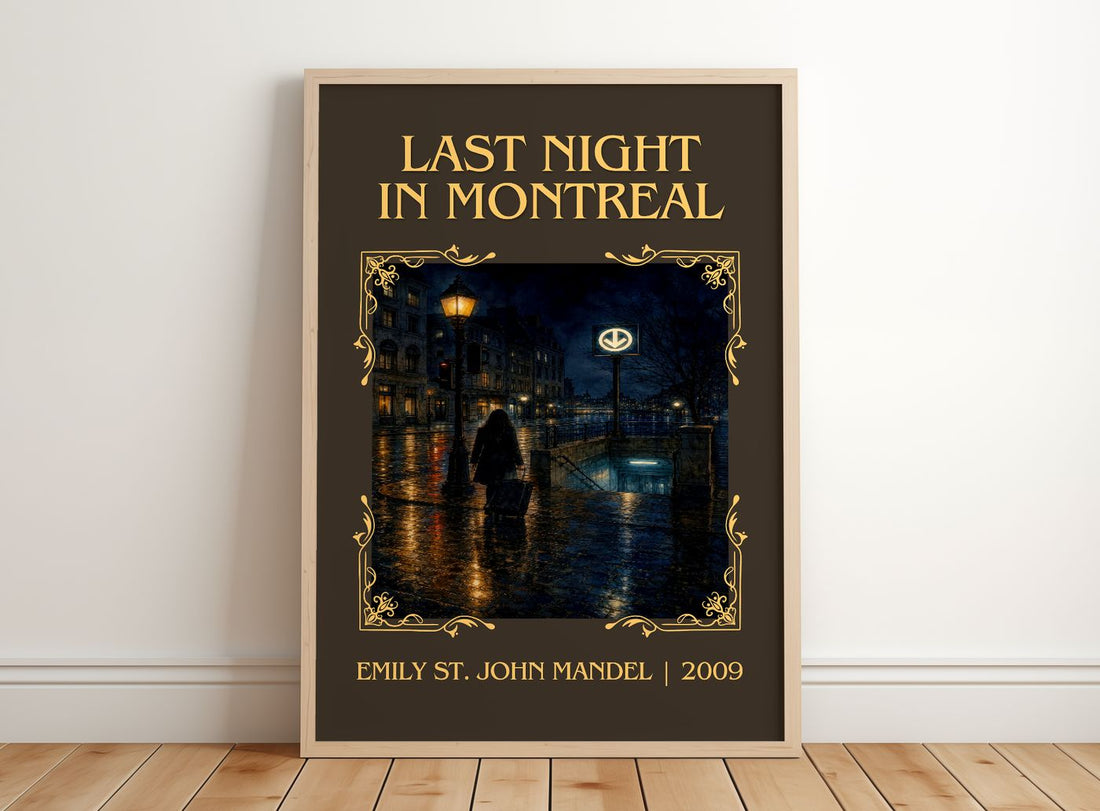 Last Night In Montreal Classic Book Art Print by Emily St. John Mandel – framed print leaning on a wooden floor