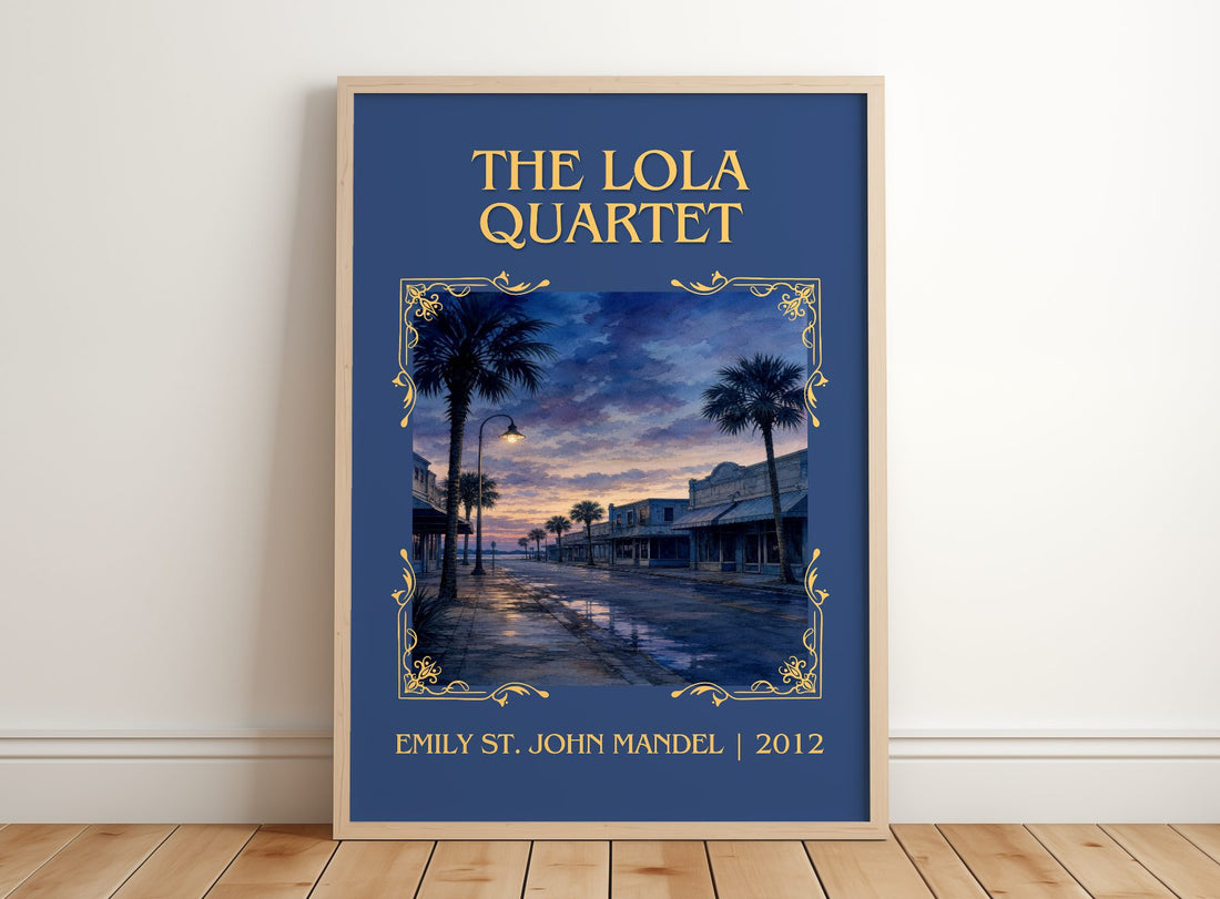 The Lola Quartet Classic Book Art Print by Emily St. John Mandel – framed print leaning on a wooden floor