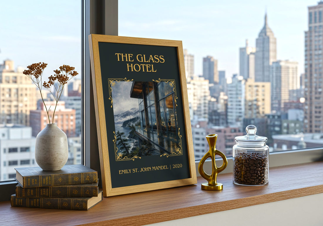 The Glass Hotel Classic Book Art Print by Emily St. John Mandel – framed print on a city-view windowsill