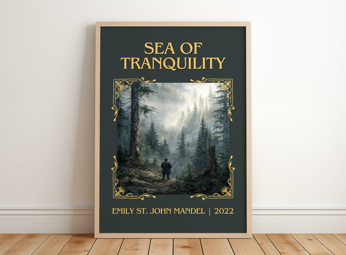 Sea Of Tranquility Classic Book Art Print by Emily St. John Mandel – framed print leaning on a wooden floor