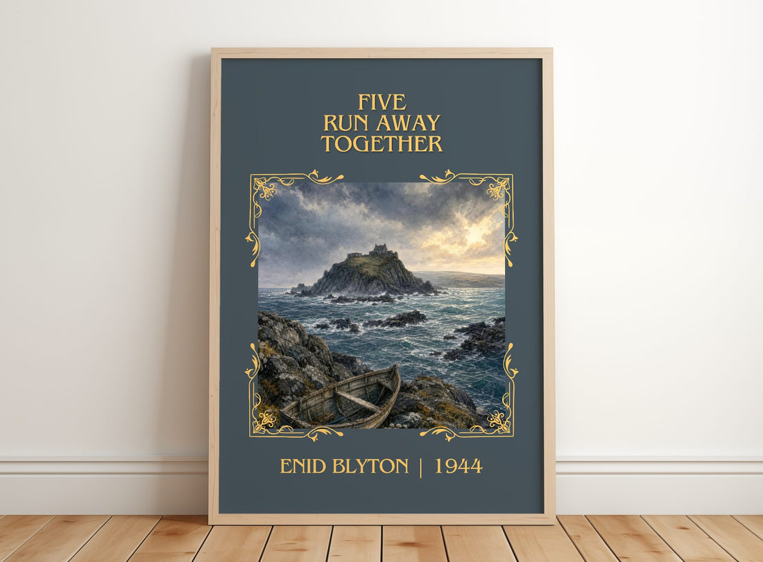 Five Run Away Together Classic Book Art Print by Enid Blyton – framed print leaning on a wooden floor