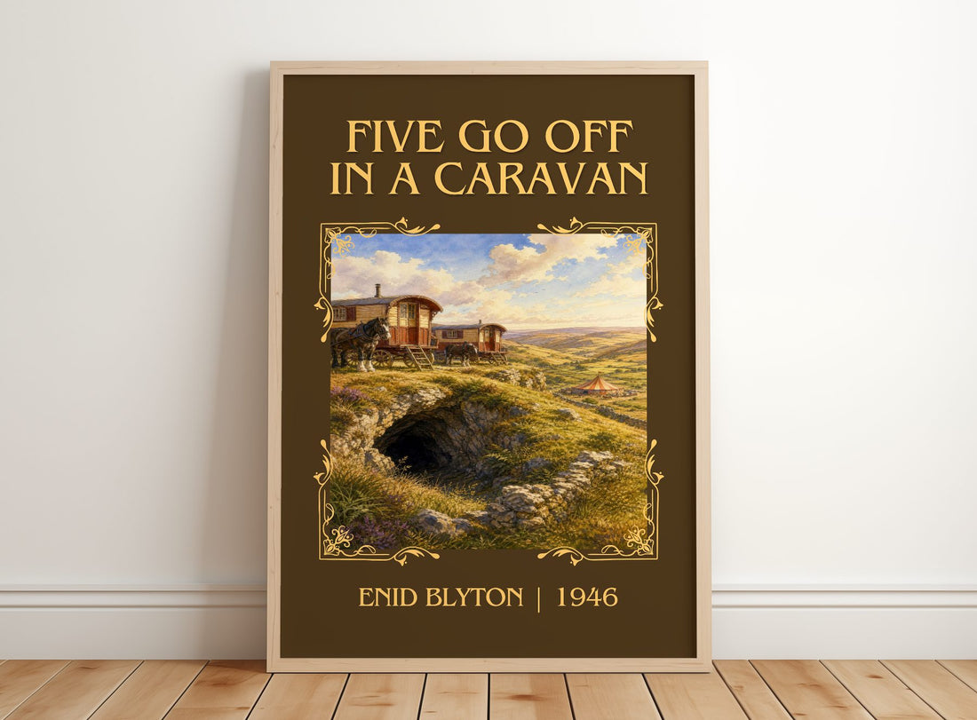 Five Go Off In A Caravan Classic Book Art Print by Enid Blyton – framed print leaning on a wooden floor