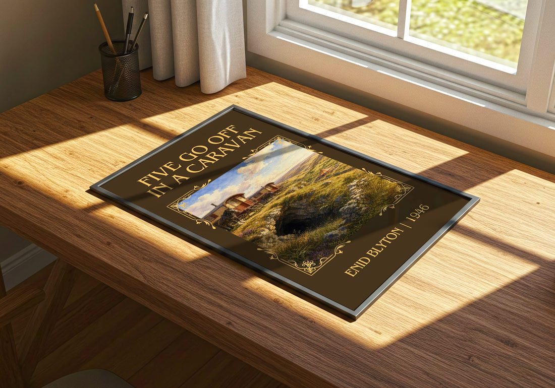 Five Go Off In A Caravan Classic Book Art Print by Enid Blyton – print on a sunlit desk