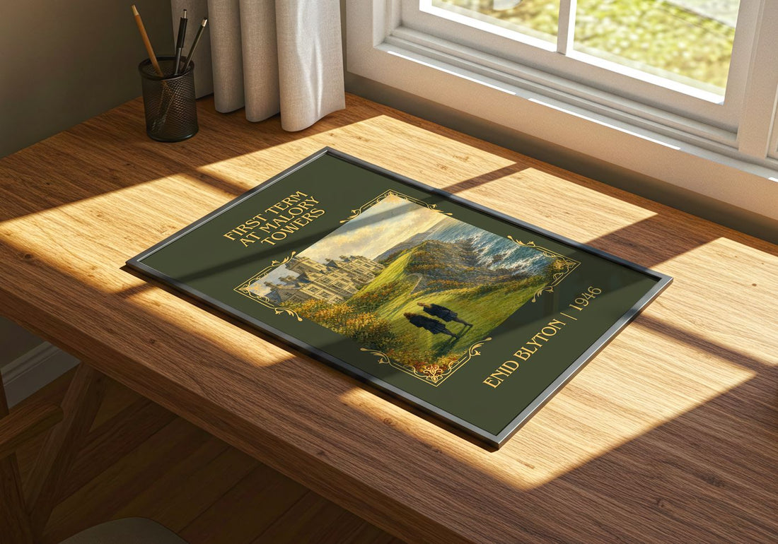 First Term At Malory Towers Classic Book Art Print by Enid Blyton – print on a sunlit desk