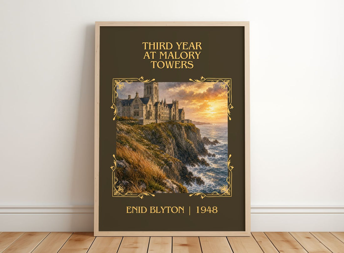 Third Year At Malory Towers Classic Book Art Print by Enid Blyton – framed print leaning on a wooden floor