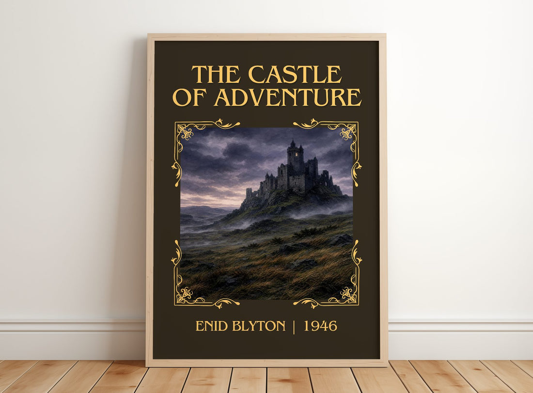 The Castle Of Adventure Classic Book Art Print by Enid Blyton – framed print leaning on a wooden floor